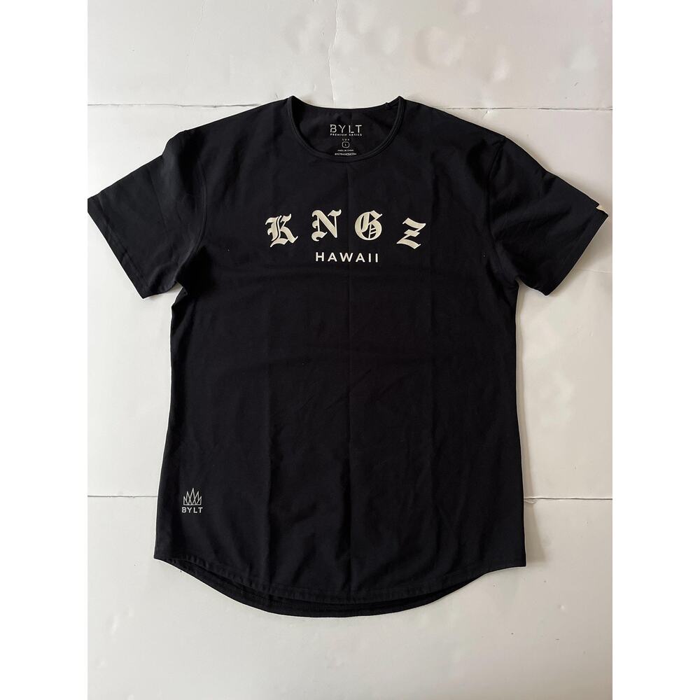 BYLT Shirt Mens L Black KNGZ Hawaii Lux Drop Cut Curved Hem Graphic Tee